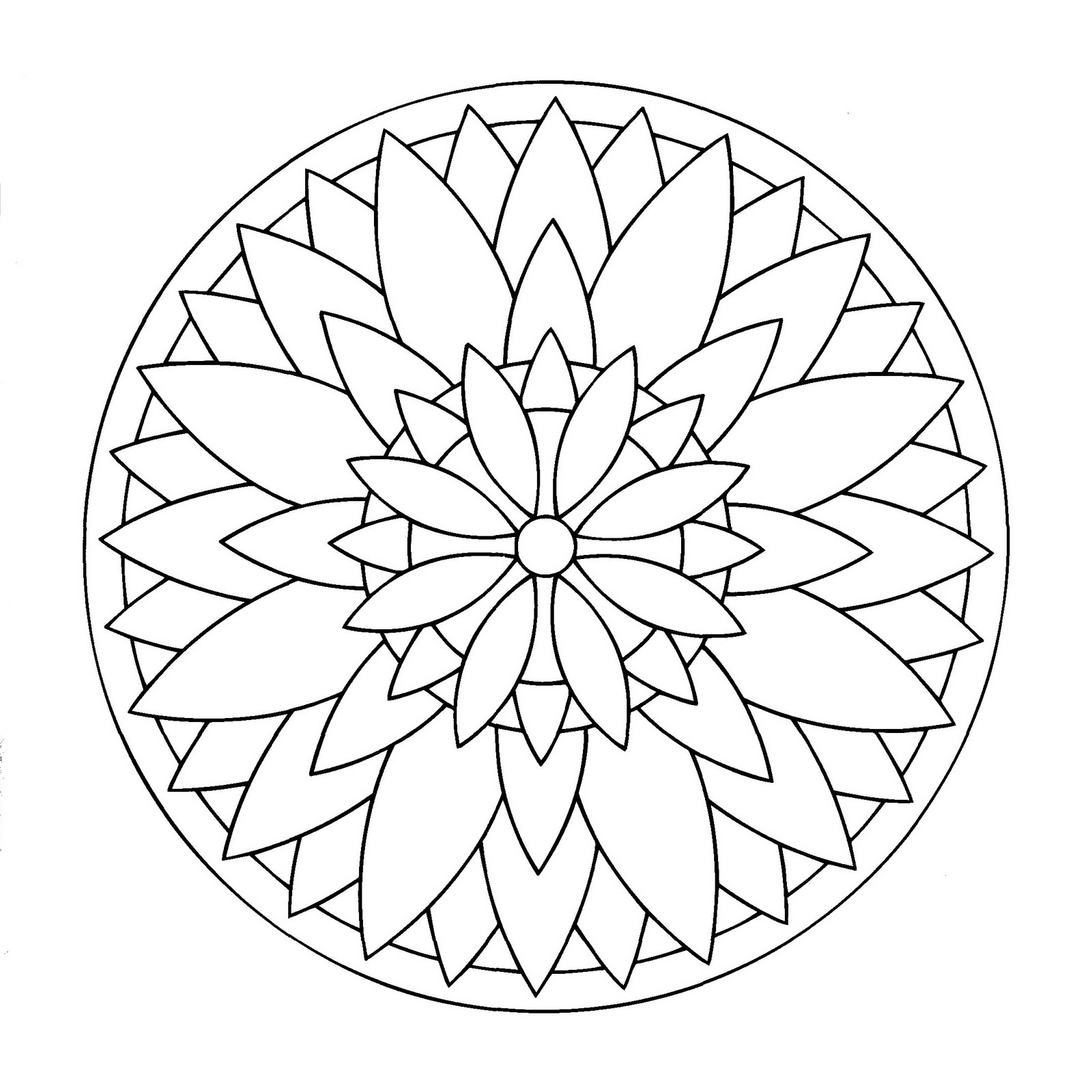 Dessin de mandala avec spirales représentant une grande fleur. Facile à colorier.